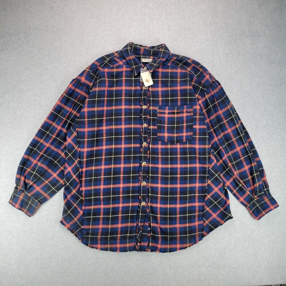Free People Happy Hour Plaid Shirt Womens Small Navy Combo Raw Edge OB1518542
